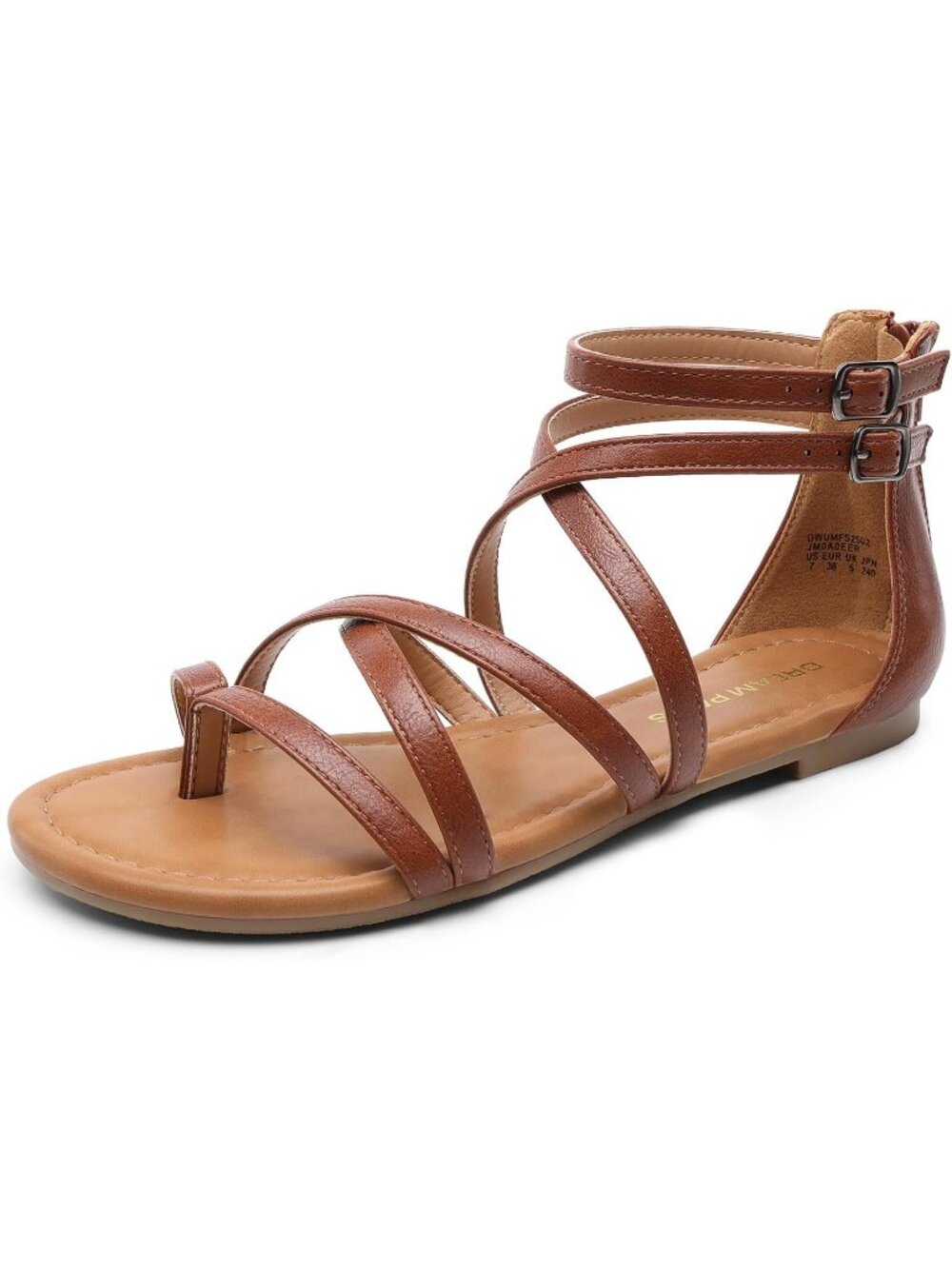 Women's Gladiator Sandals Strappy Brown Flat Sandals Back Zipper Thong Sandals